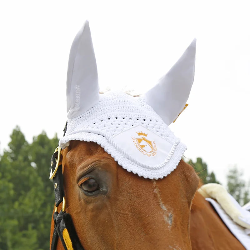 Cavassion High quality Navy Horse Ear Cover embrodery White color horse ear taking care mask black color equestrian equipment