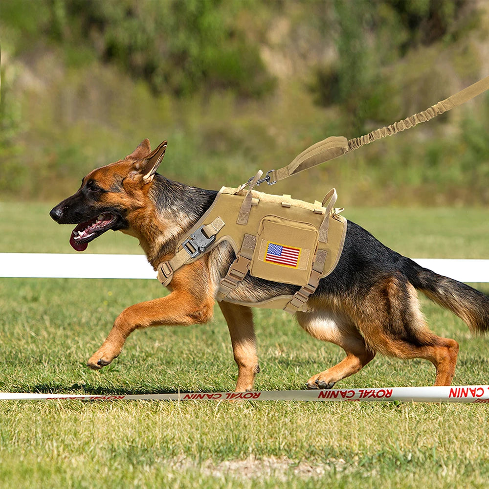 Tactical Military Dog Harness Collar Leash Set Durable Big Dog Training Harness Vest MOLLE For Large Dogs With Pouches Flag