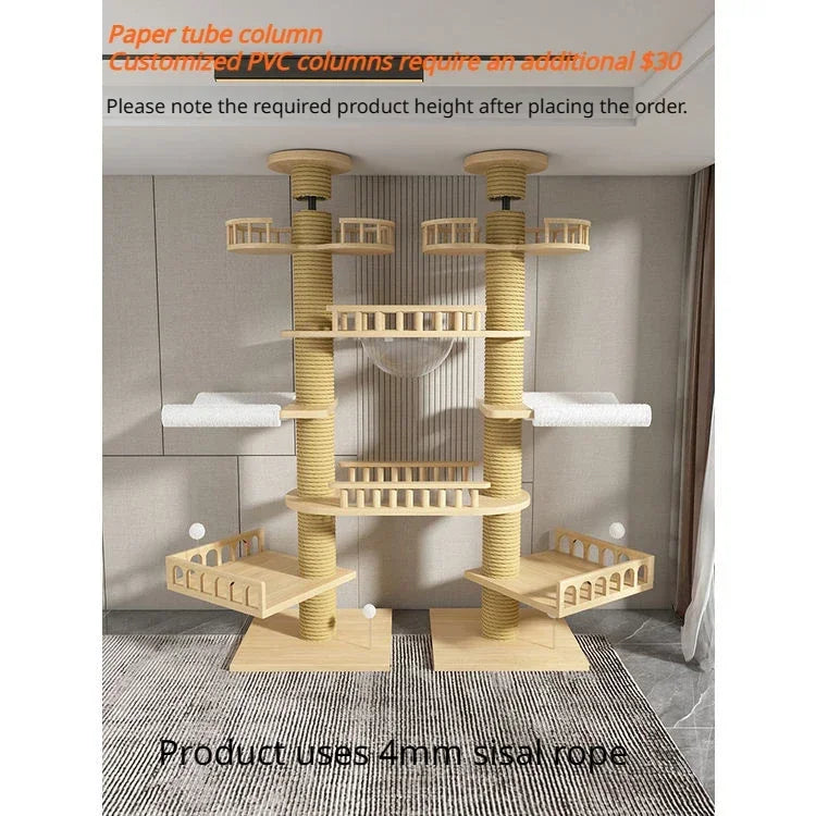 Large Solid Wood Cat Scratching Post Column Without Drilling Double Column Multi-layer Tower Cat Scratching Board