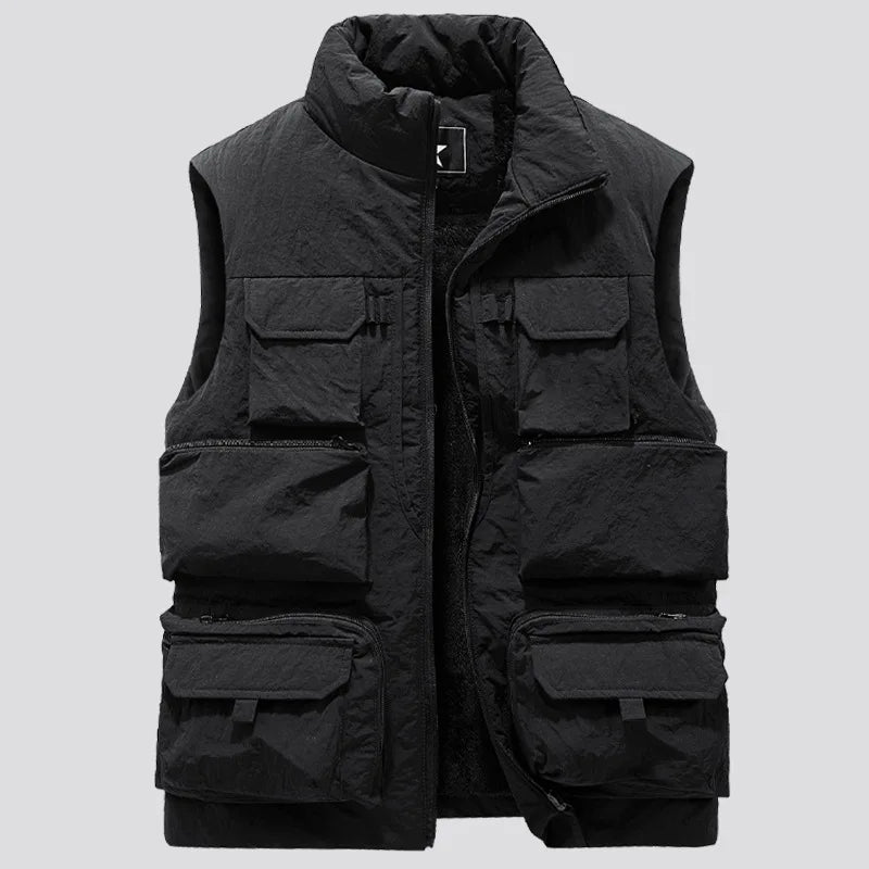 Bird Watching Vest Men's Cargo  Winter Thick Fleece Warm Sleeveless Jacket with Pockets