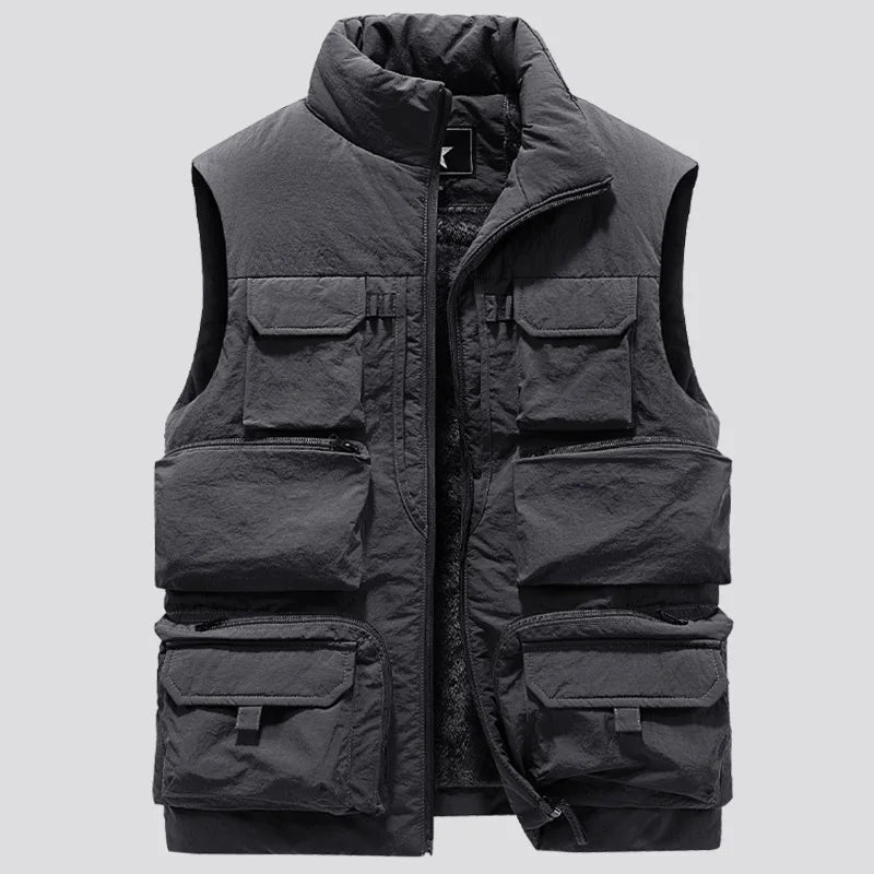 Bird Watching Vest Men's Cargo  Winter Thick Fleece Warm Sleeveless Jacket with Pockets