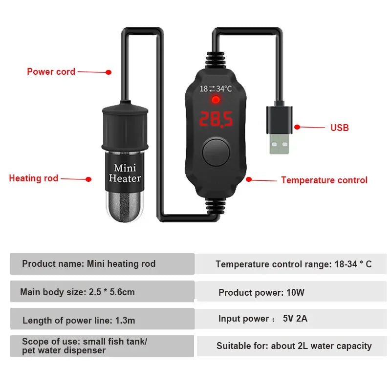 Mini Aquarium heating rod Fish Tank Aquarium Heater Submersible Thermostat Heater 18-34°C Adjustable Temperature USB Charging