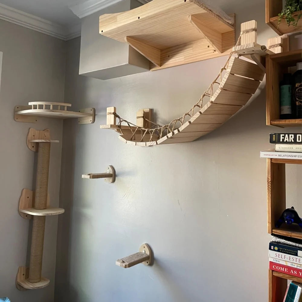 Cat Climbing Shelf  Wall Mounted Furniture Cat Bridge and House Wooden Pet Shelves Tree Tower For Sleeping Climbing Cat Perch