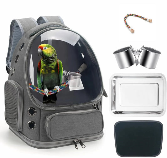 Portable Bird Cage Parrot Backpack Carrier Travel with Perch Cups Clear Window for Birds