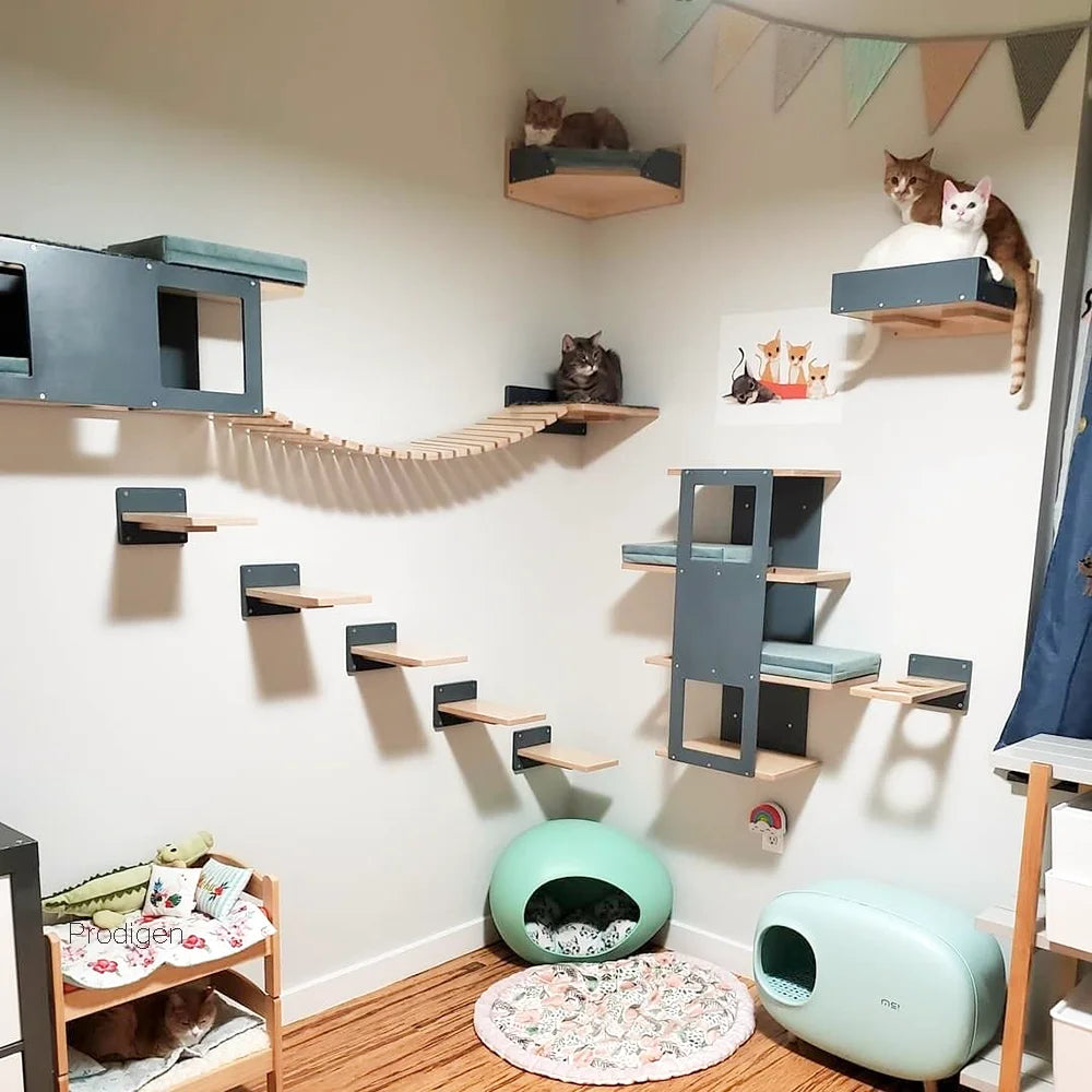 Cat Tree Wall Mounted Cat Climbing Wood Shelves Cat Jumping Platform or Hammock with Stairway