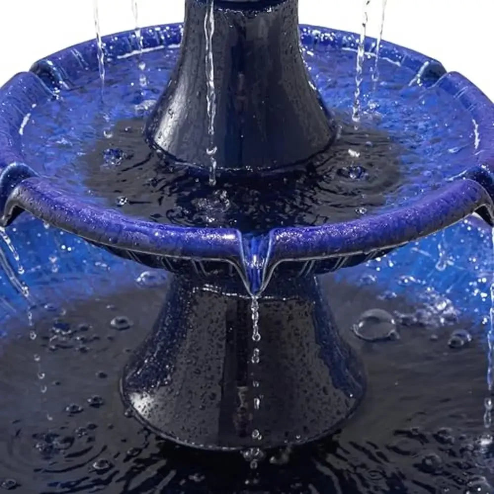 3-Tier Ceramic Outdoor Fountain Bird bath with LED Light and Pump Garden and Patio Relaxation Weatherproof and Elegant Cobalt Blue Glaze