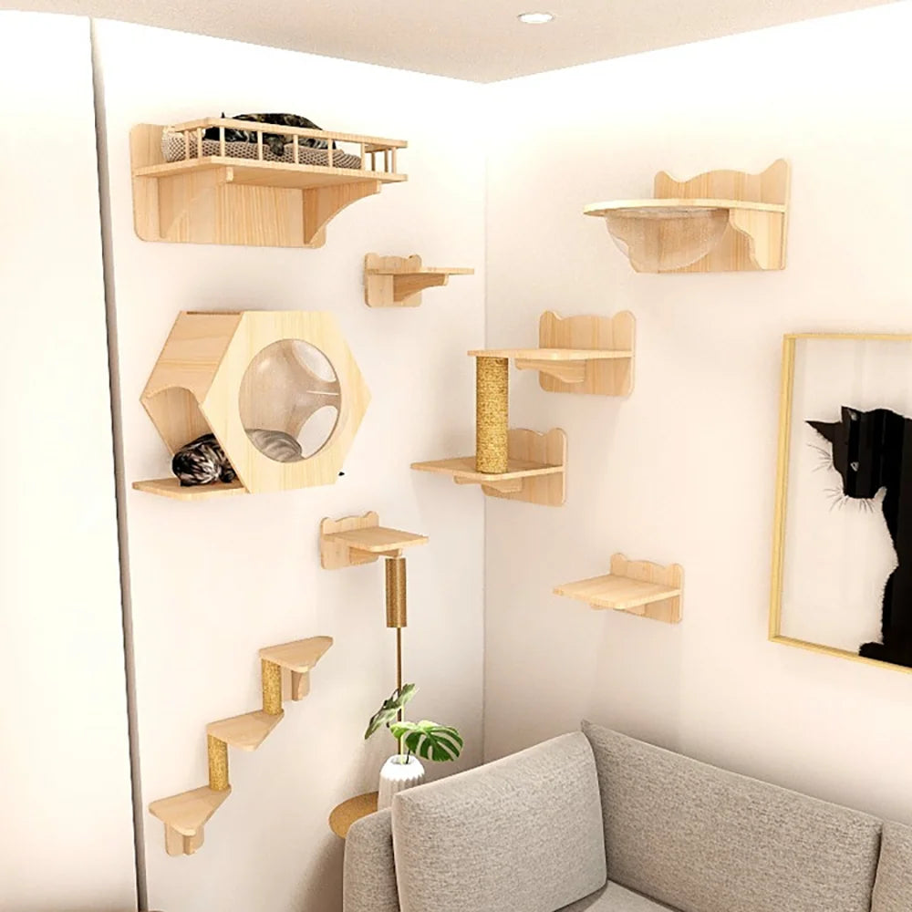 Cat Tree Wall Mounted Cat Climbing Wood Shelves Cat Jumping Platform or Hammock with Stairway