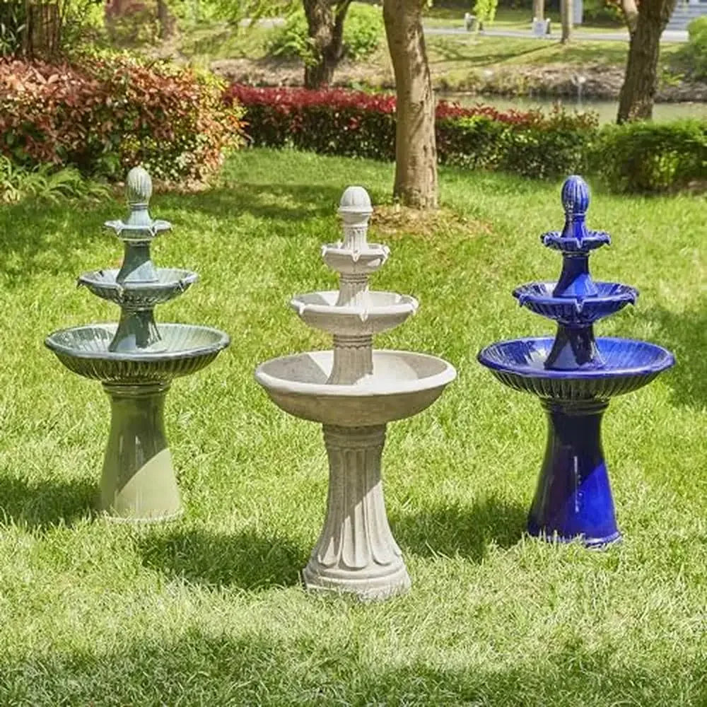 3-Tier Ceramic Outdoor Fountain Bird bath with LED Light and Pump Garden and Patio Relaxation Weatherproof and Elegant Cobalt Blue Glaze