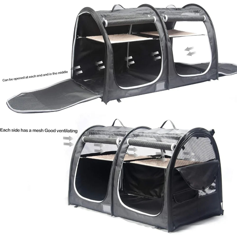 Twin Compartment Show House Cat Cage/Condo - Easy to Fold & Carry Kennel Comfy Puppy Home & Dog Travel Crate