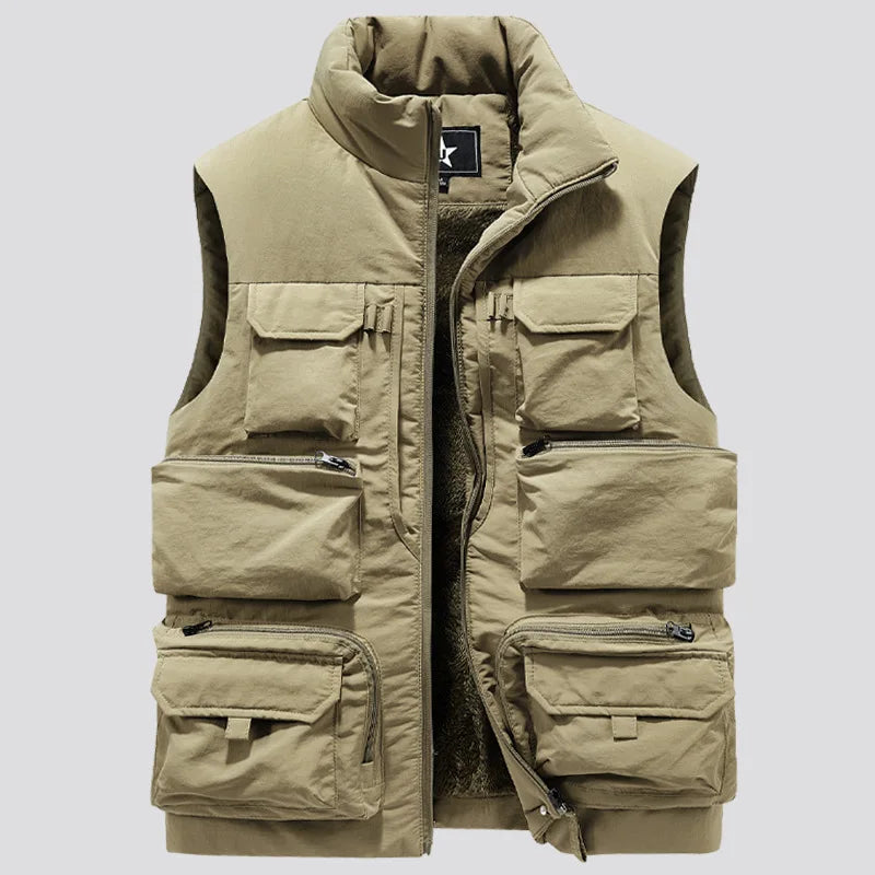 Bird Watching Vest Men's Cargo  Winter Thick Fleece Warm Sleeveless Jacket with Pockets