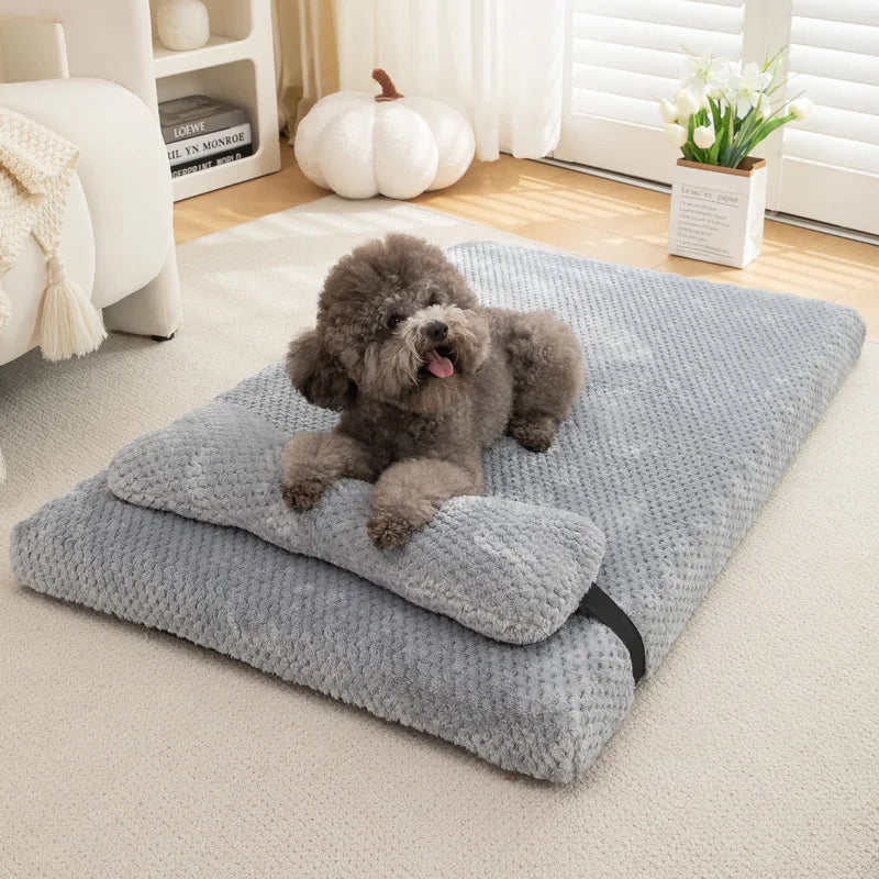 Warm Calming Dog Bed with Pillow Fluffy Plush Dog Mat Removable Washable Cover for Large Medium Small Dogs