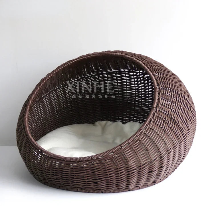 Cat Bed Cattery Kennel Pet Bed Rattan Weaving All-season Semi-closed Ventilate Pet Products Wear-resistant Pet Accessories