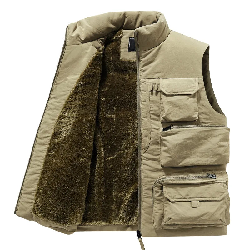 Bird Watching Vest Men's Cargo  Winter Thick Fleece Warm Sleeveless Jacket with Pockets