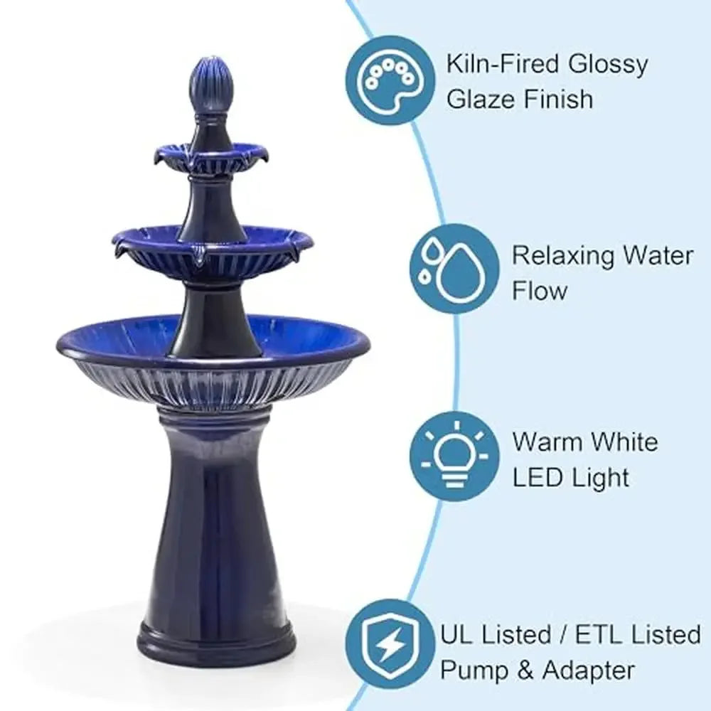 3-Tier Ceramic Outdoor Fountain Bird bath with LED Light and Pump Garden and Patio Relaxation Weatherproof and Elegant Cobalt Blue Glaze