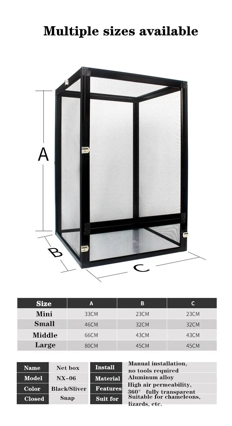 Reptile Detachable Habitat Tank Terrarium Transparent Aluminium Air Screen Cage Front Opening Door Full View