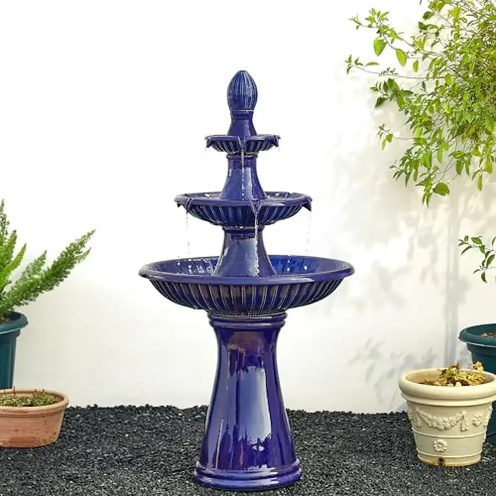 3-Tier Ceramic Outdoor Fountain Bird bath with LED Light and Pump Garden and Patio Relaxation Weatherproof and Elegant Cobalt Blue Glaze