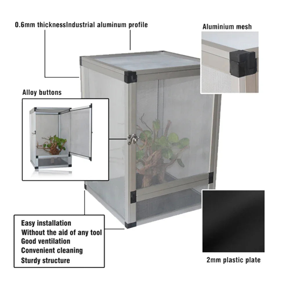 Reptile Detachable Habitat Tank Terrarium Transparent Aluminium Air Screen Cage Front Opening Door Full View