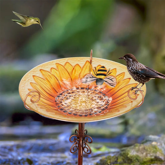 Glass Bird Bath Garden Outdoor Birdbath Birdfeeder with Metal Stake Bird Feeder Bird Bath Bowl for Garden Yard Lawn Decor