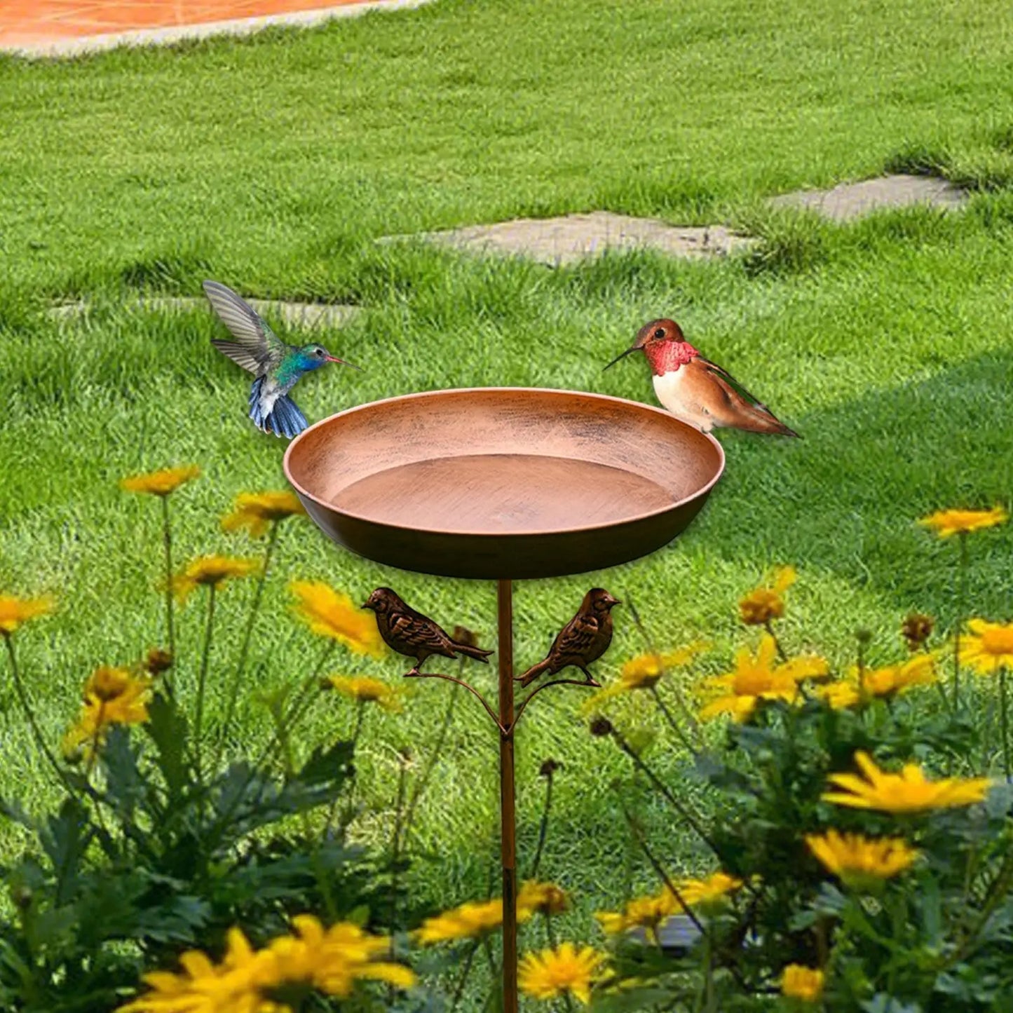 Metal Bird Bath with Stake Vintage Design Outdoor Hummingbird Feeder Bowl for Garden Patio Lawn