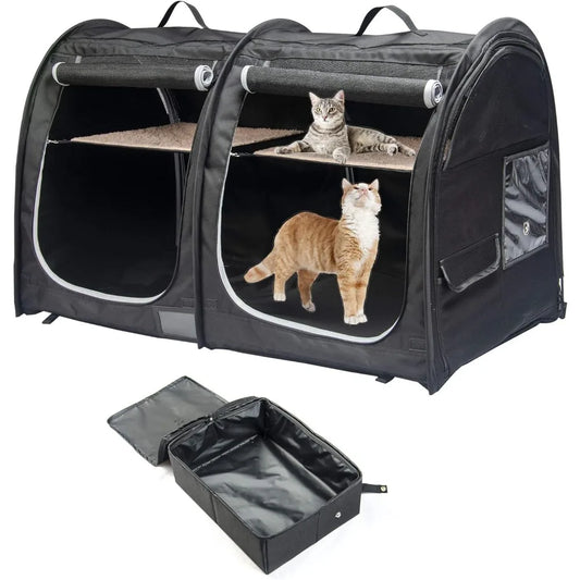 Twin Compartment Show House Cat Cage/Condo - Easy to Fold & Carry Kennel Comfy Puppy Home & Dog Travel Crate