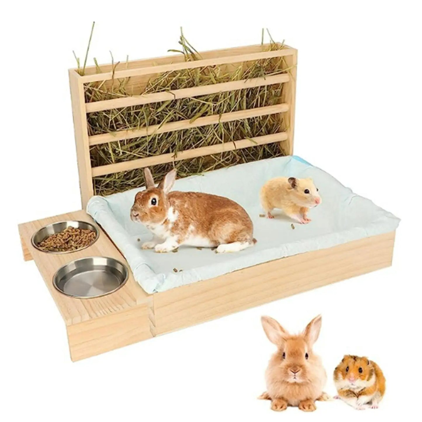 Bunny Feeder Manger Hay Wooden Rabbit Hay Feeder with Litter Box