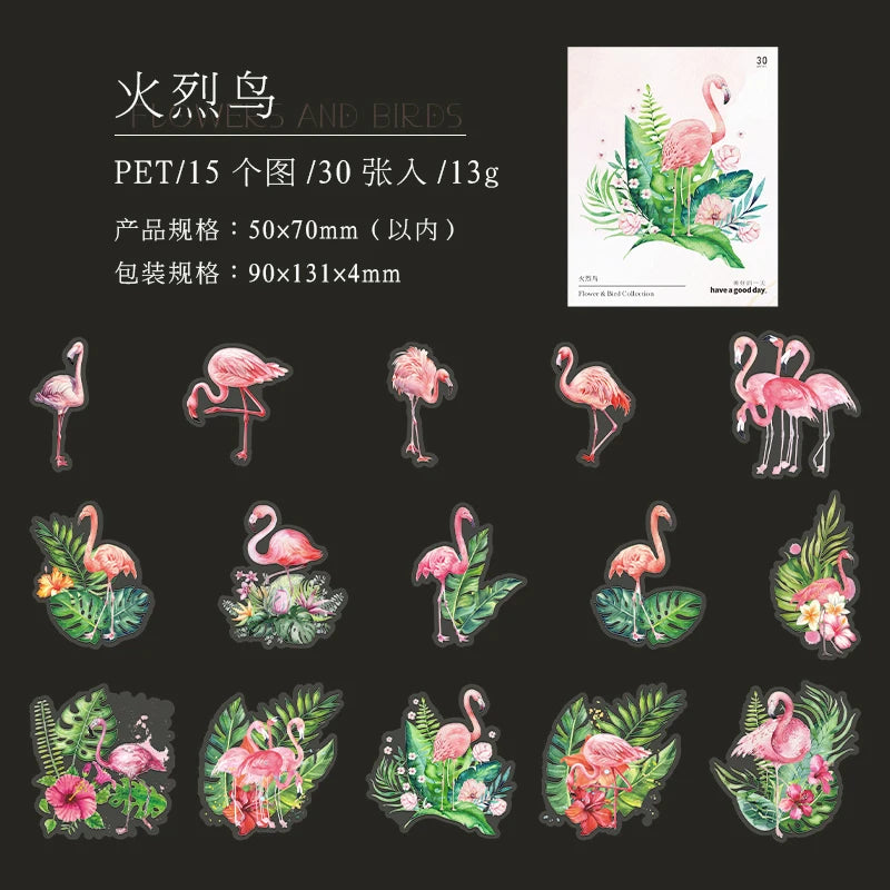 30 pcs Watercolor Style flower birds Stickers aesthetic Decorative Diary Album Stationery Stick Labels