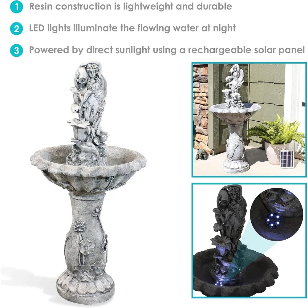 42 Inch Solar Bird Fountain with Battery Backup and LED Lights, Submersible Pump, Resin and Fiberglass Outdoor Fountain