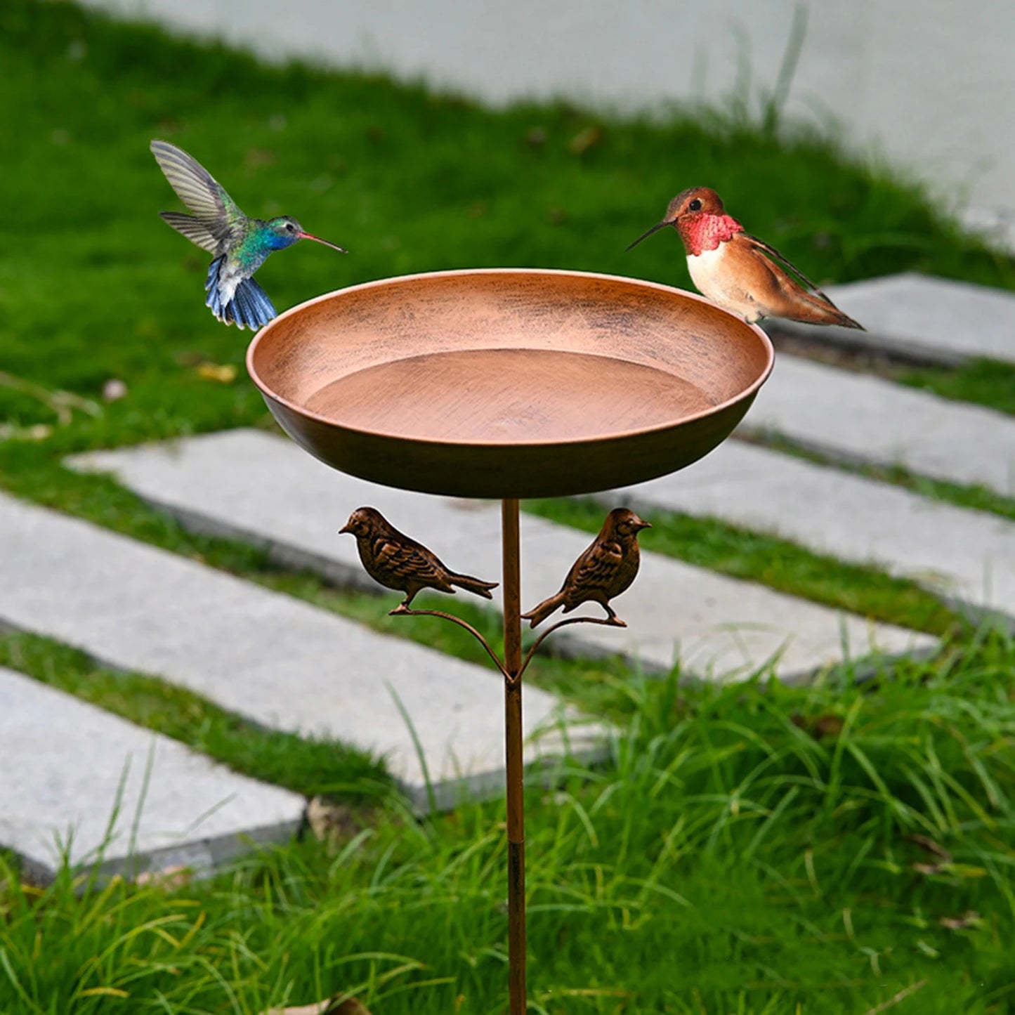 Metal Bird Bath with Stake Vintage Design Outdoor Hummingbird Feeder Bowl for Garden Patio Lawn