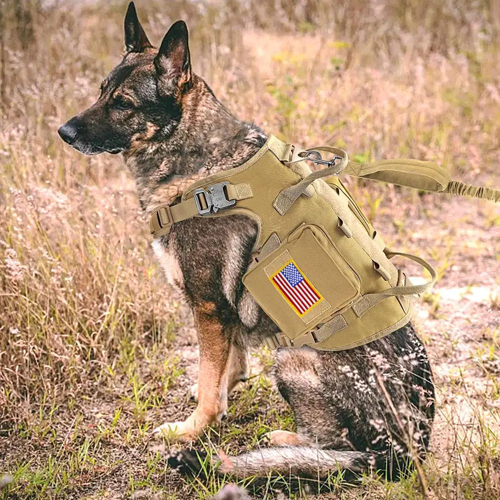 Tactical Military Dog Harness Collar Leash Set Durable Big Dog Training Harness Vest MOLLE For Large Dogs With Pouches Flag