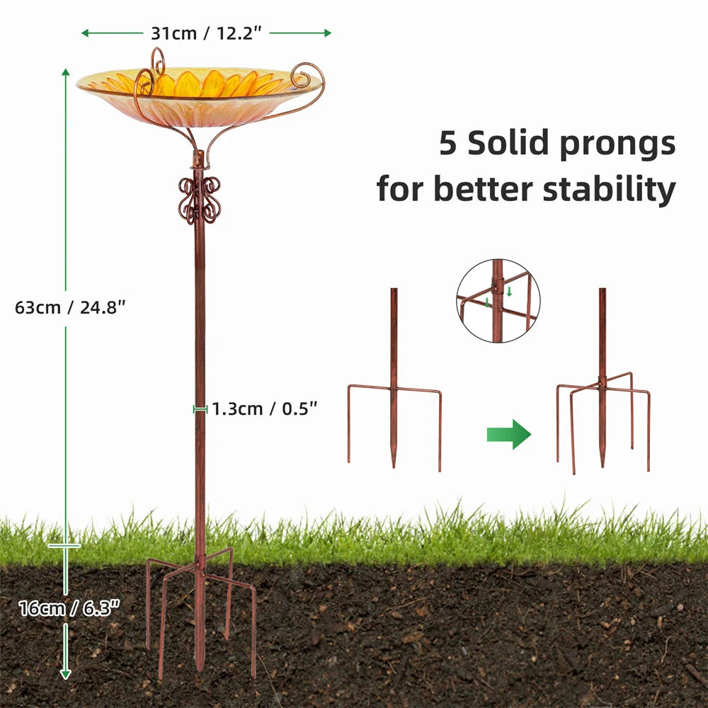 Glass Bird Bath Garden Outdoor Birdbath Birdfeeder with Metal Stake Bird Feeder Bird Bath Bowl for Garden Yard Lawn Decor