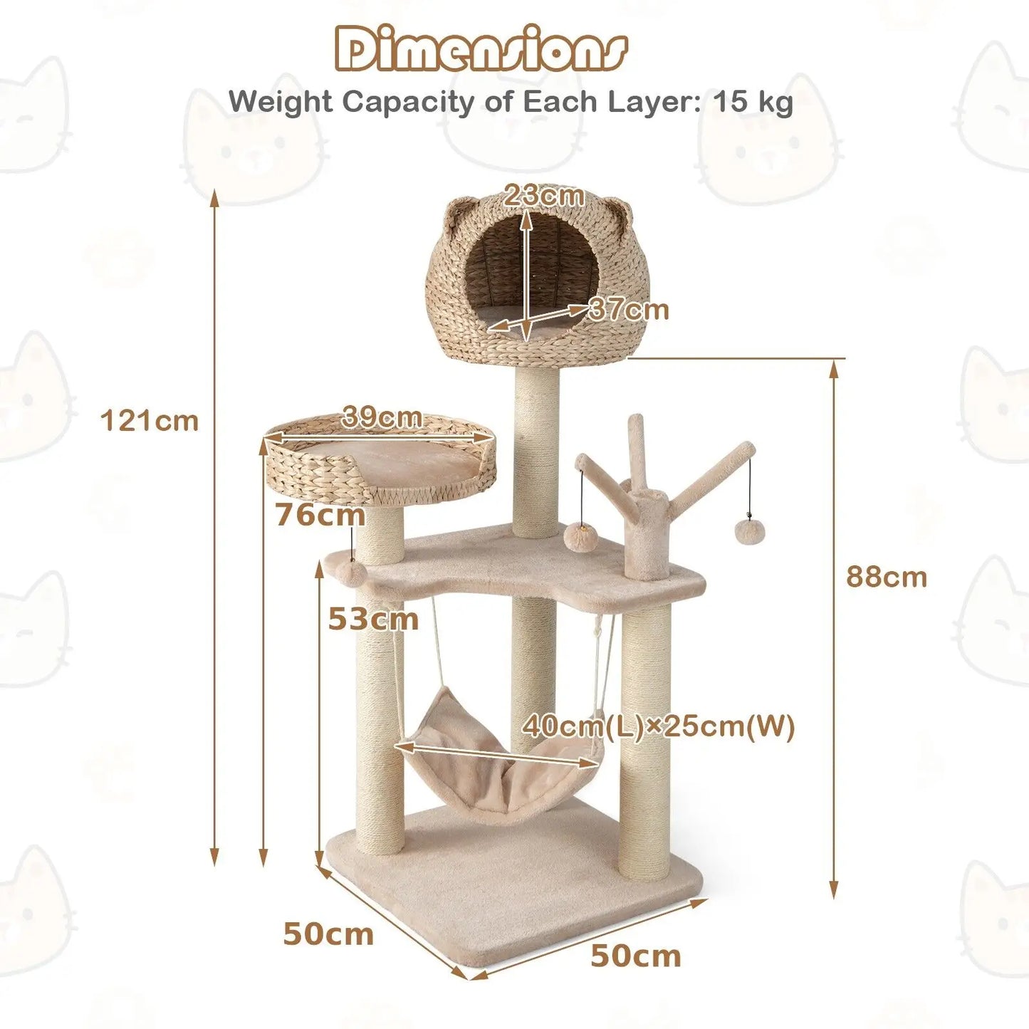 121 cm Tall Cat Tree Cat Climbing Tower Sisal with Private Condo Large Bed