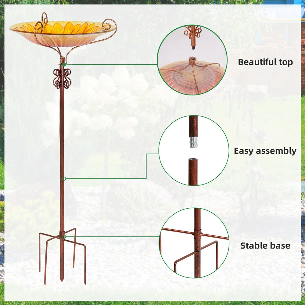 Glass Bird Bath Garden Outdoor Birdbath Birdfeeder with Metal Stake Bird Feeder Bird Bath Bowl for Garden Yard Lawn Decor