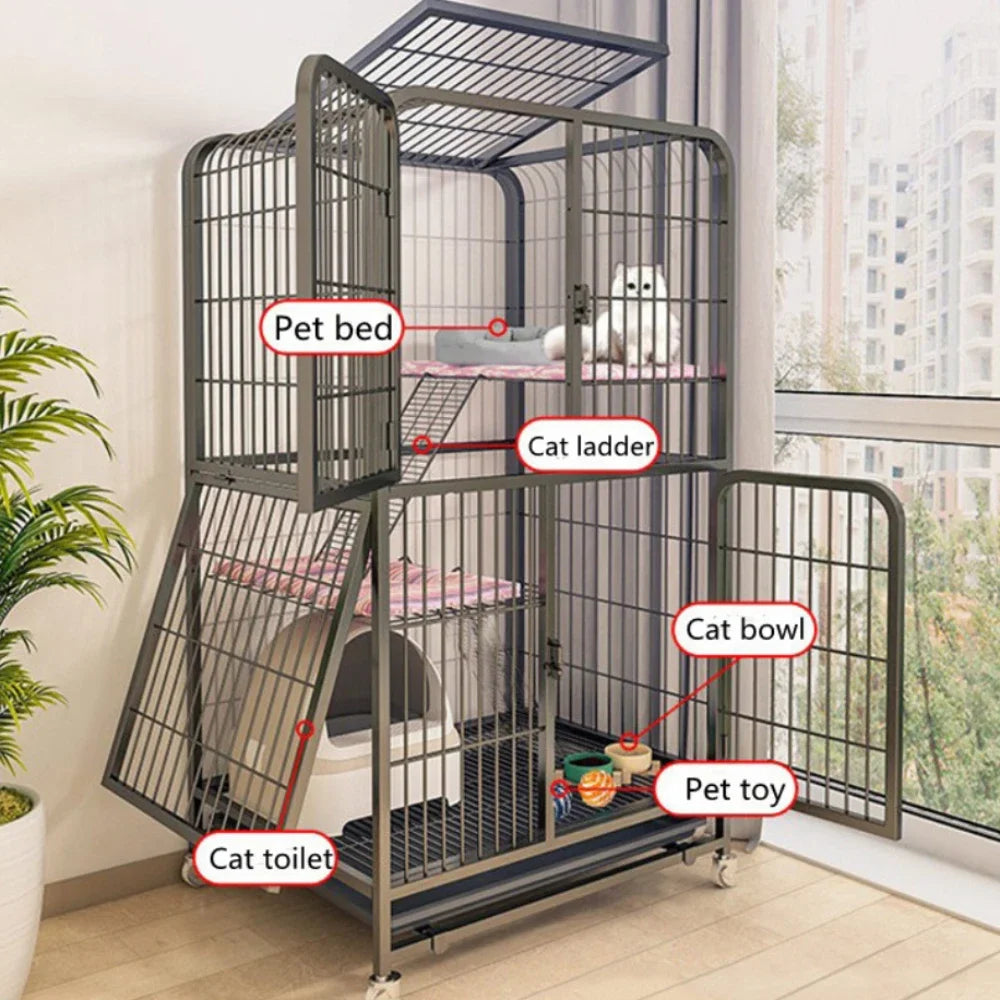 Iron Mesh Cat Cages Duplex Luxury Large Space Dogs House Metal Dog Crate with Door Double Layer Luxury Climbing Frame Pet Cage