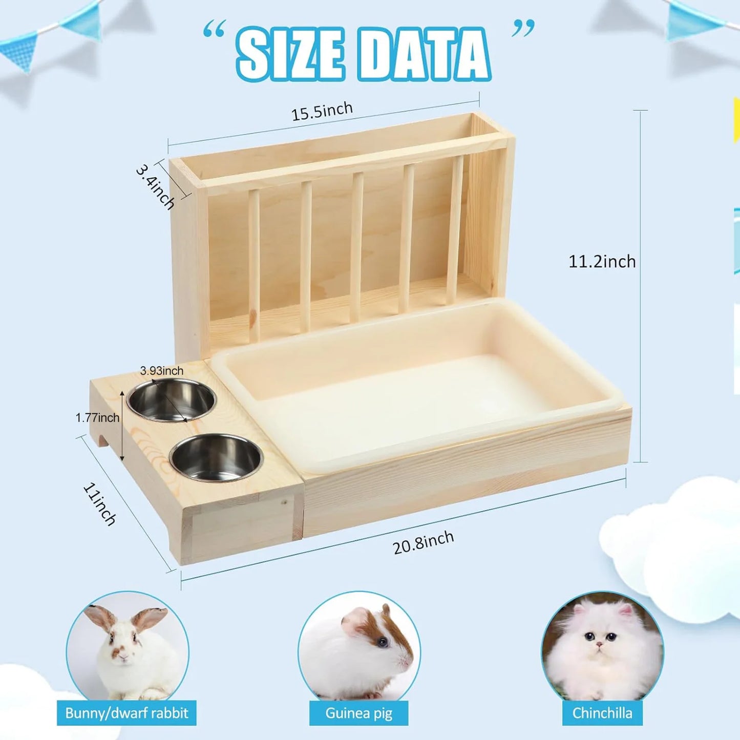 3-in-1 Rabbit Hay Feeder with Litter Box and Bowl Wooden Rabbit Hay Feeder Guinea Pig Hay Rack for Rabbit Dwarf Hamster