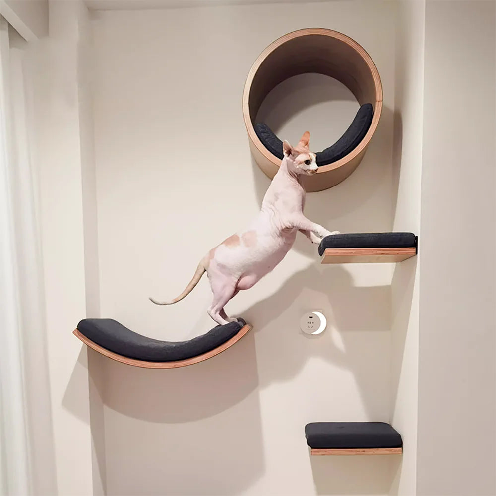 Wall Mounted Cat Tree Wooden Shelves Scratching Posts Climbing Cat tower Hammock With Solid Floating Perches Steps and Ladder