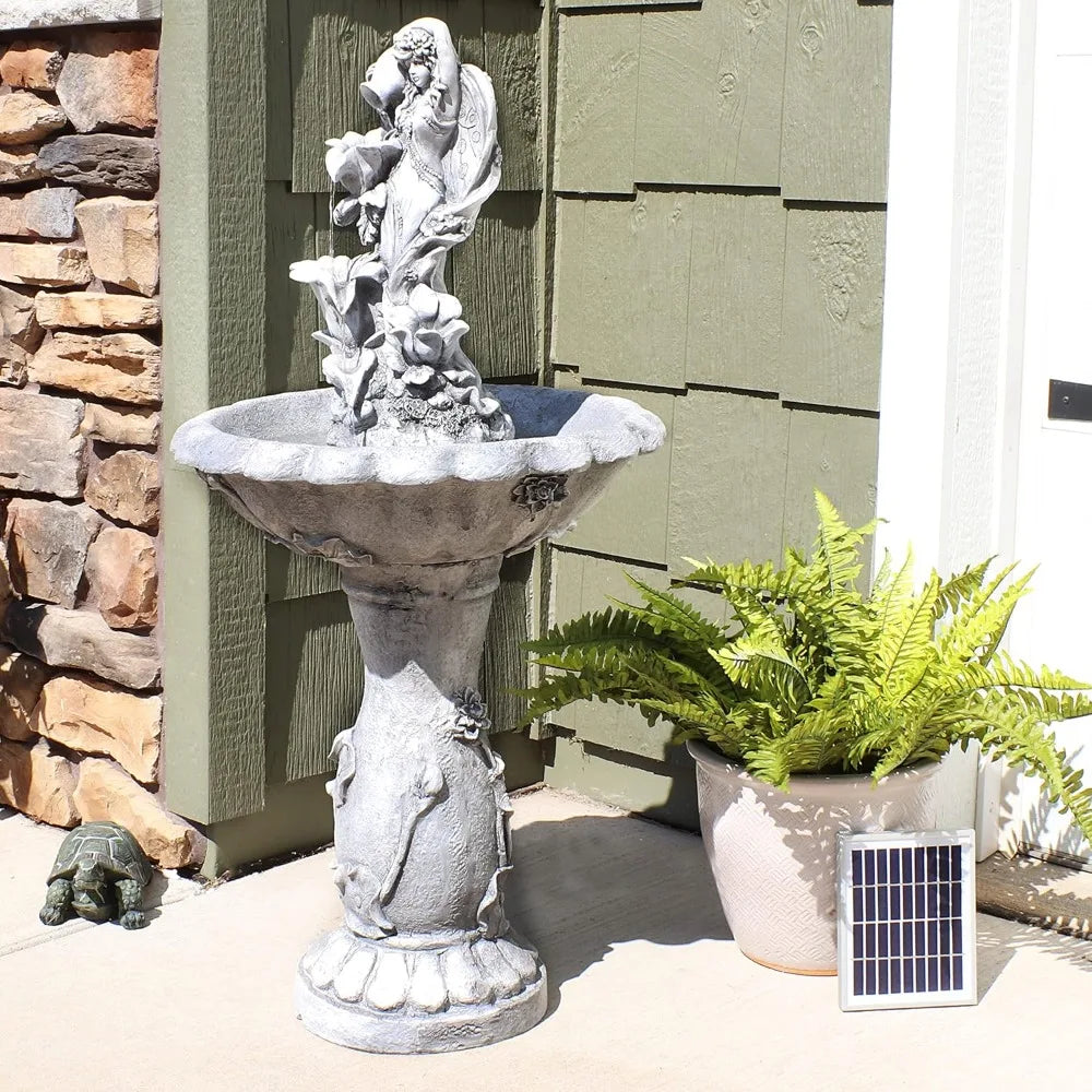 42 Inch Solar Bird Fountain with Battery Backup and LED Lights, Submersible Pump, Resin and Fiberglass Outdoor Fountain