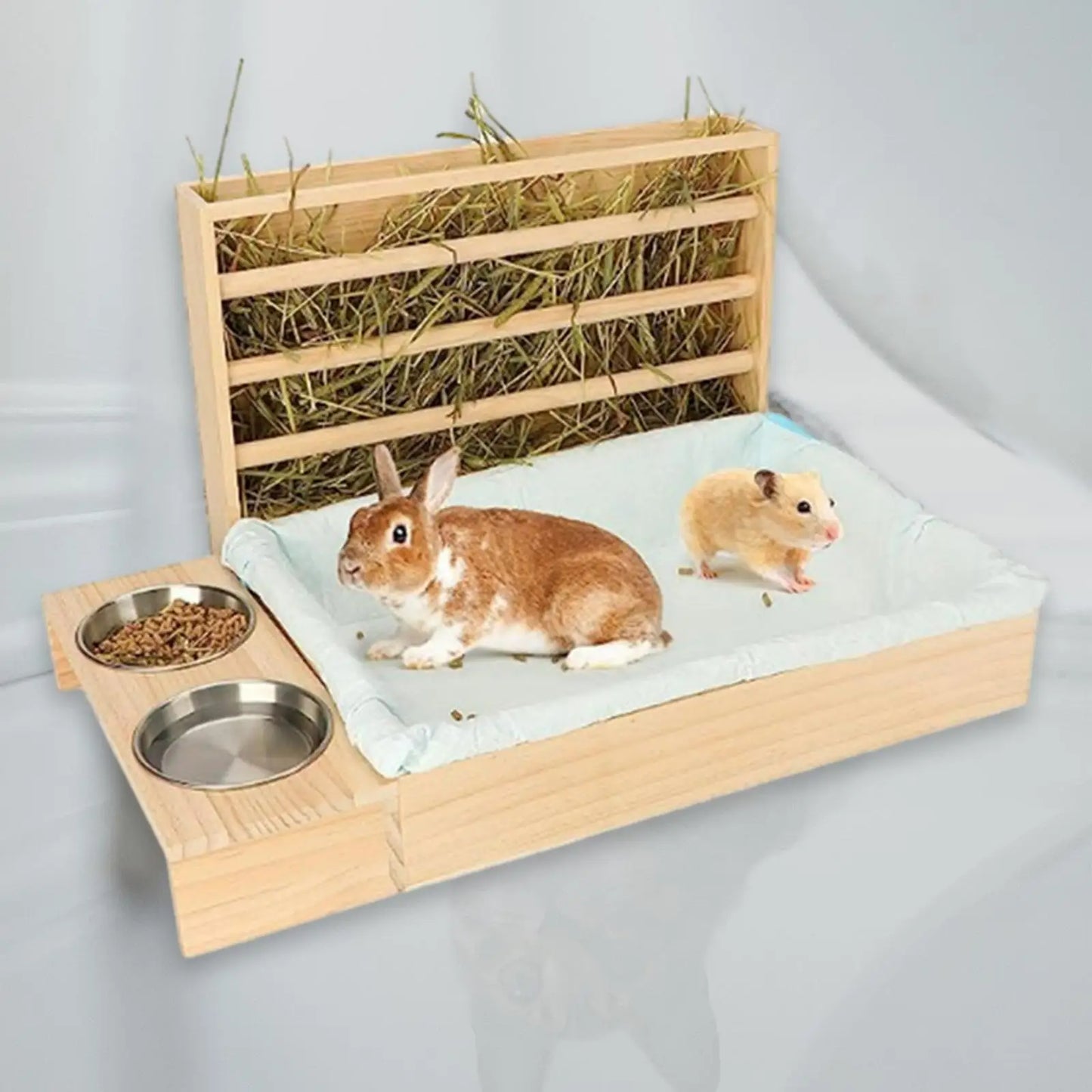 Bunny Feeder Manger Hay Wooden Rabbit Hay Feeder with Litter Box