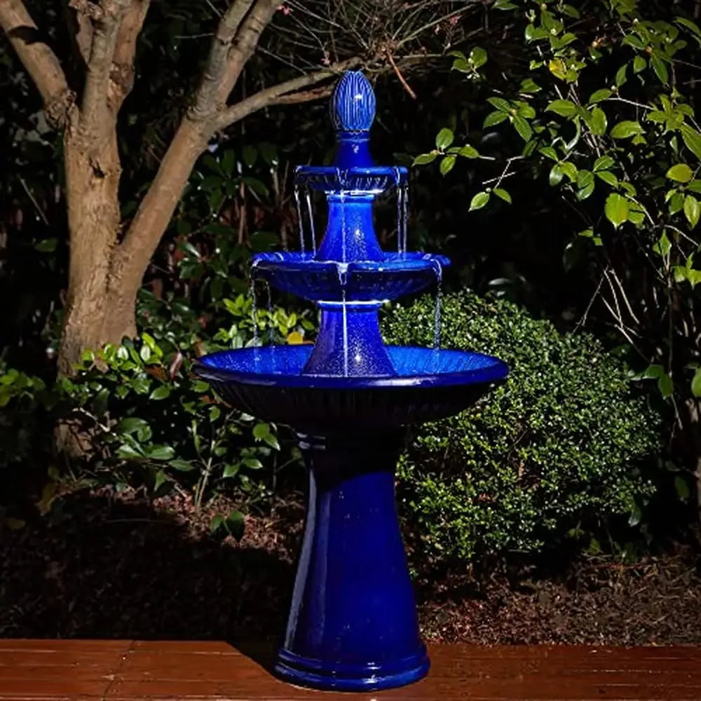 3-Tier Ceramic Outdoor Fountain Bird bath with LED Light and Pump Garden and Patio Relaxation Weatherproof and Elegant Cobalt Blue Glaze